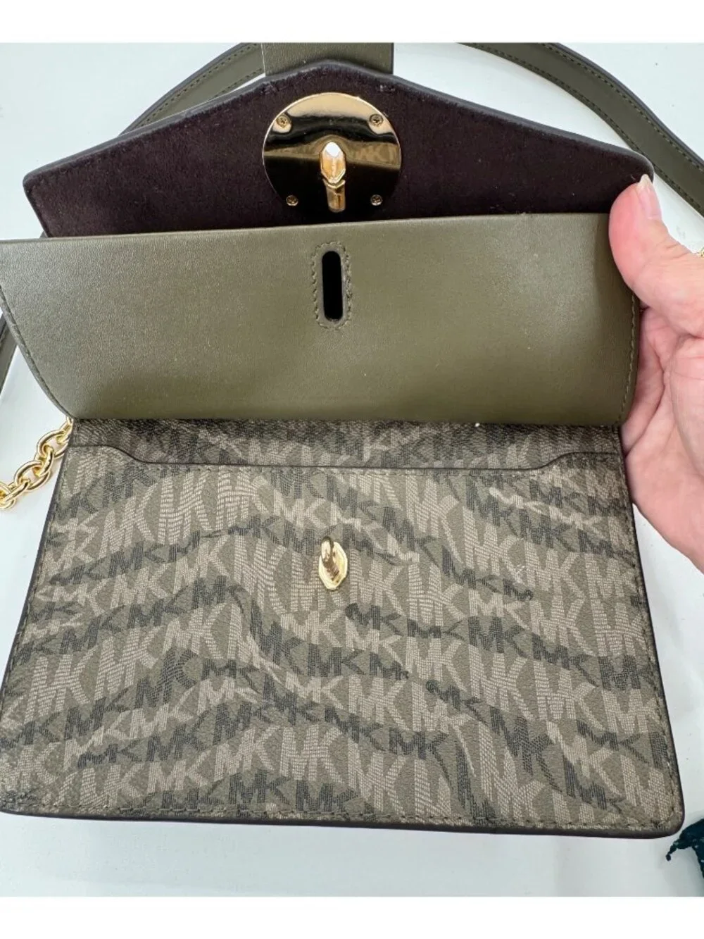 Michael Kors Jet Set Green Signature Crossbody Bag With Gold Chain & Logo Accent